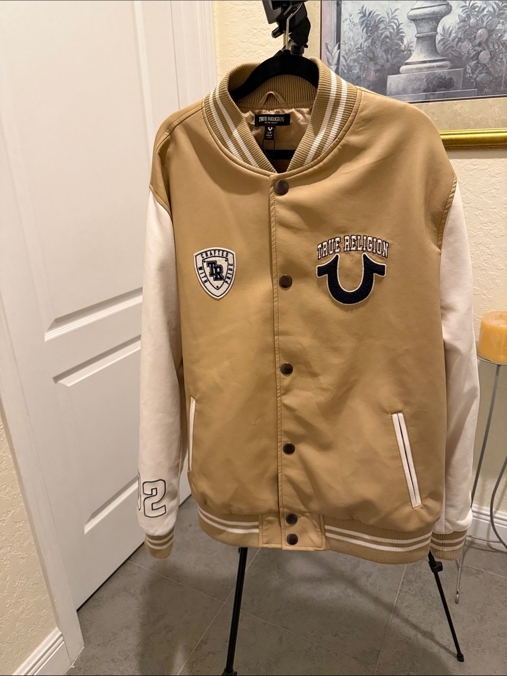 True Religion Tan and Cream Varsity Jacket with Back Logo